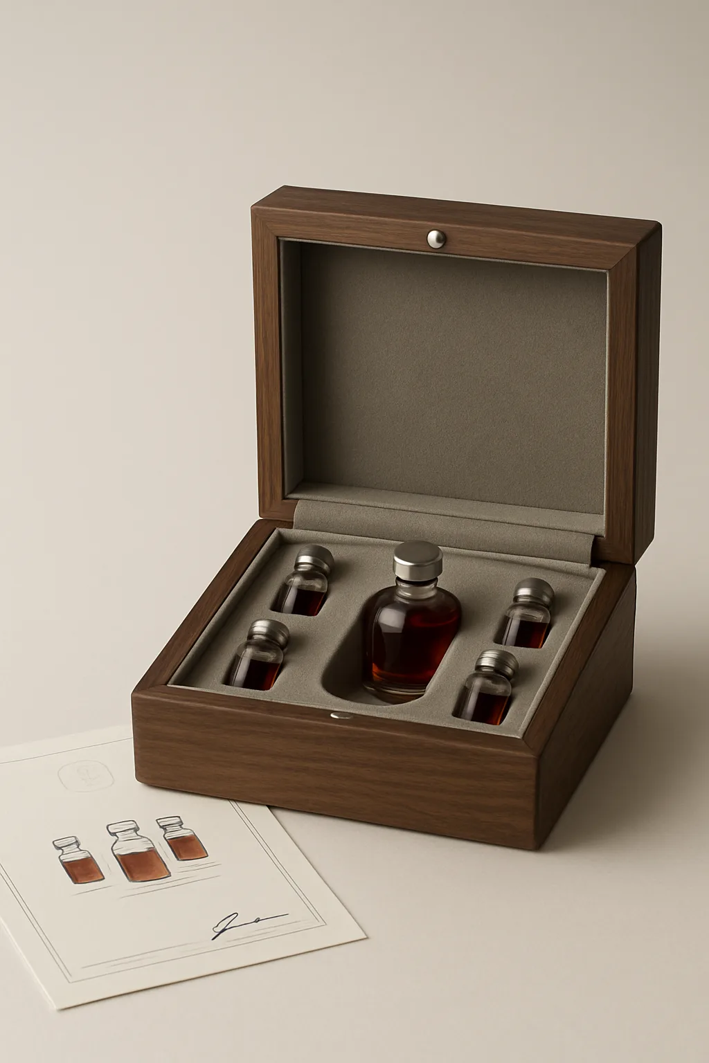 Le coffret d'assemblage en vue trois-quarts, noyer foncé et suède gris chaud.