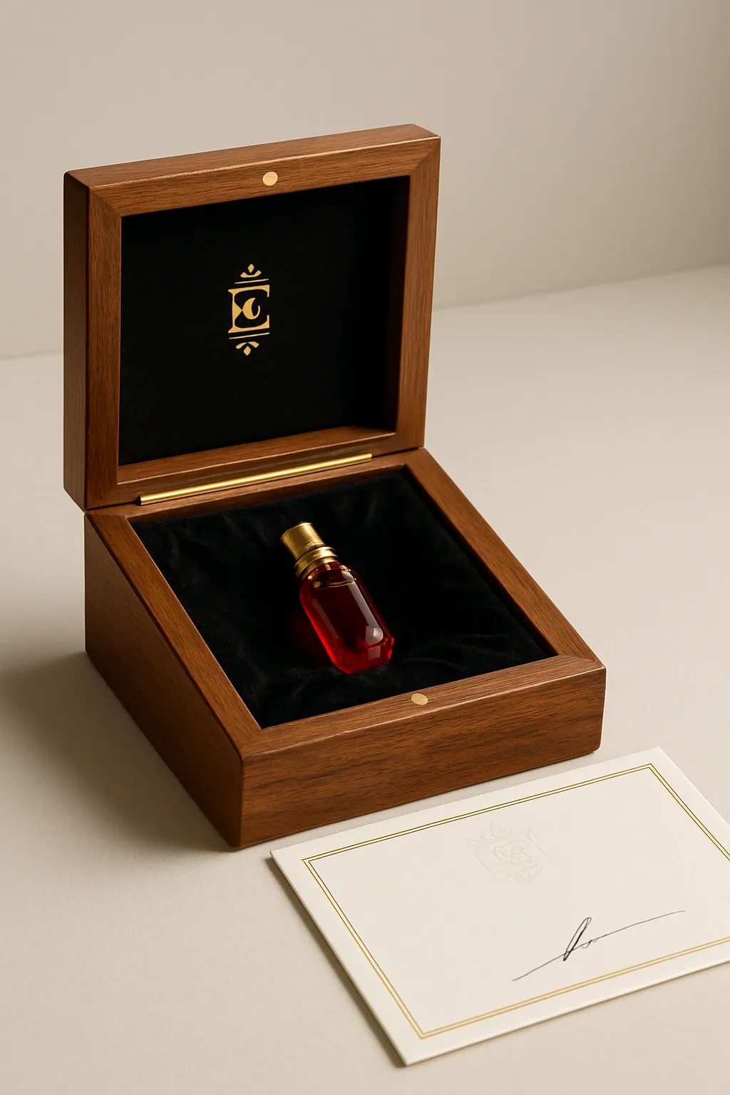 L'écrin de teck incrusté d'or, ouvert — l'ampoule en cristal de saphir dans son lit de velours frappé, près du certificat d'authenticité.