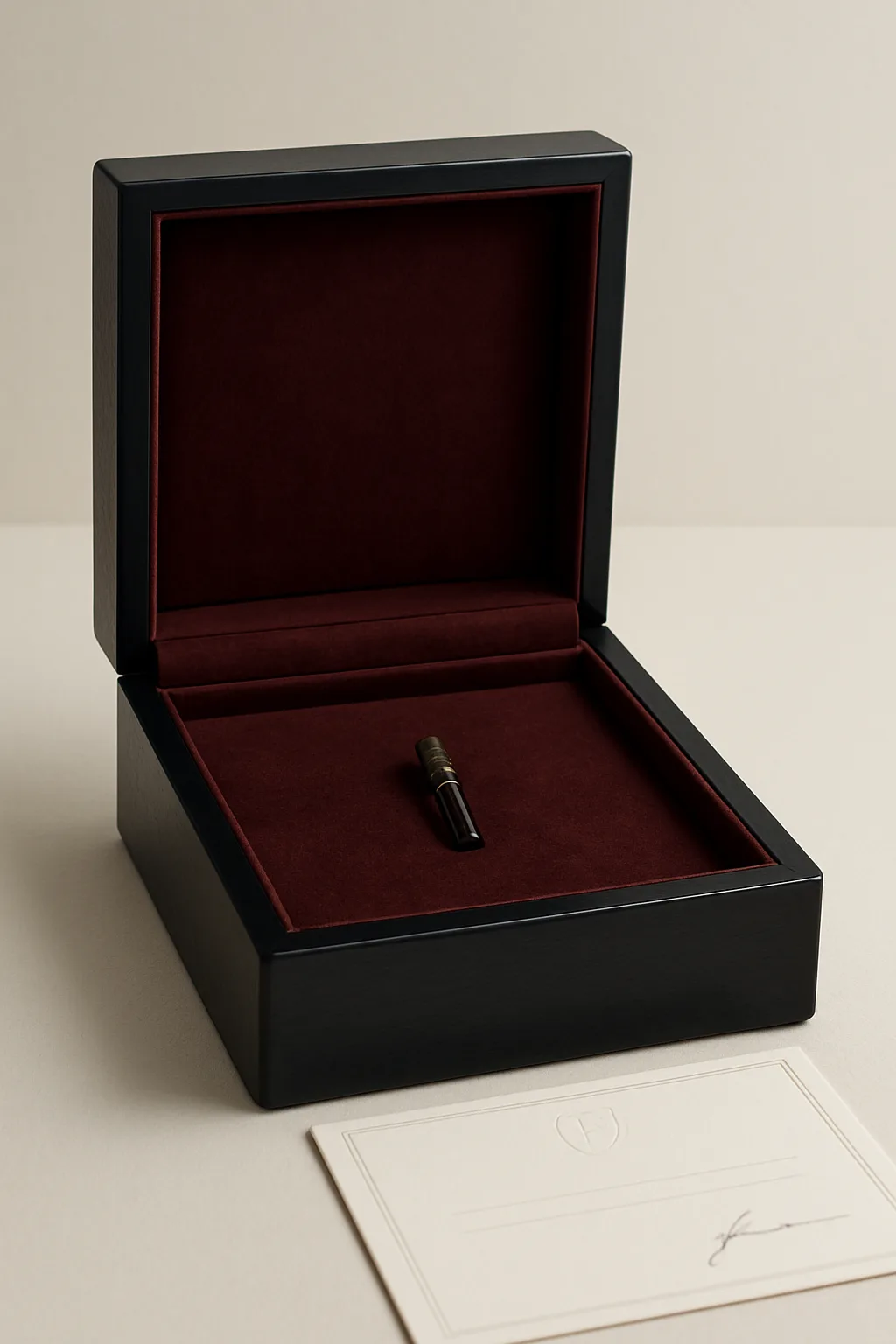 Le coffret millésime aux trois-quarts, laque bleu-noir et cuir bordeaux.